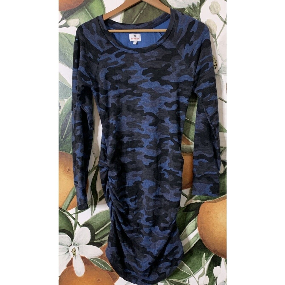 Sundry Long Sleeve Dress Womens Size 1 Small Blue Gray Camo‎ Ruched Sides